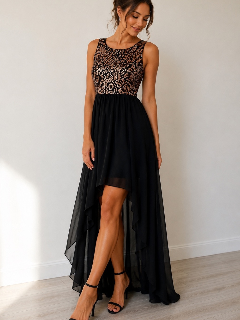 Candy Couture High Low Maxi Dress Black Gold Animal Print Cocktail Party Medium